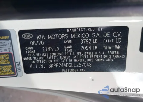 2020 Kia Forte Lxs из США, поврежденный, VIN 3KPF24AD6LE257043